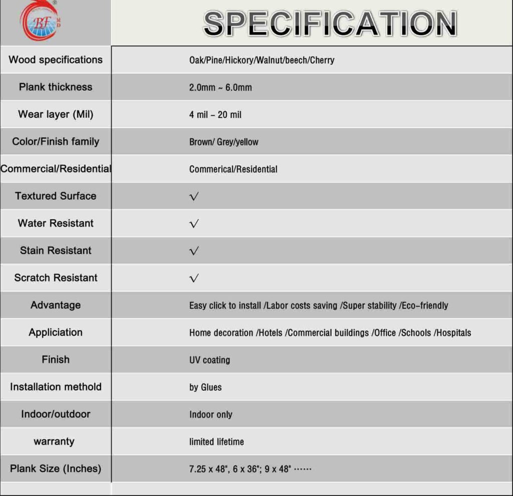 specifications of lvt flooring